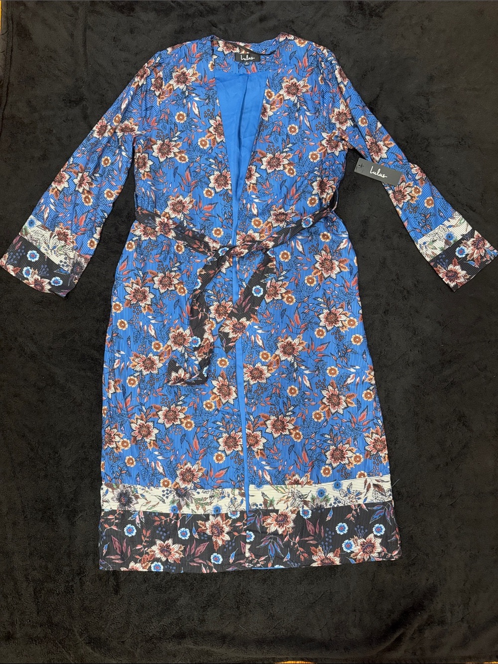 Lulu's Blue Floral Belted Kimono with Rust Accents